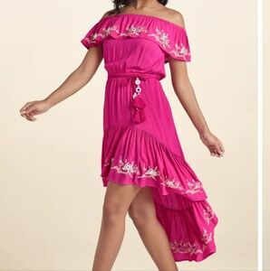 Venus Hot Pink Off-Shoulder High-Low Dress with Floral Embroidery Size 20 NIB